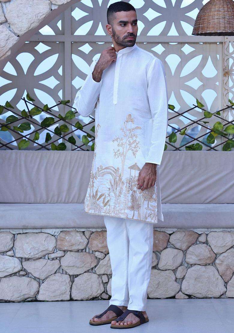 White Embroidered Viscose Kurta Set For Men - Indya