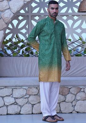 Green Embroidered Cotton Kurta Set For Men