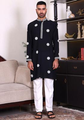Black Embroidered Cotton Kurta Set For Men