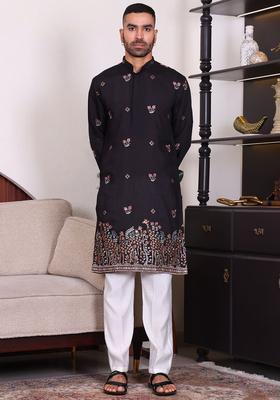 Black Embroidered Viscose Kurta Set For Men