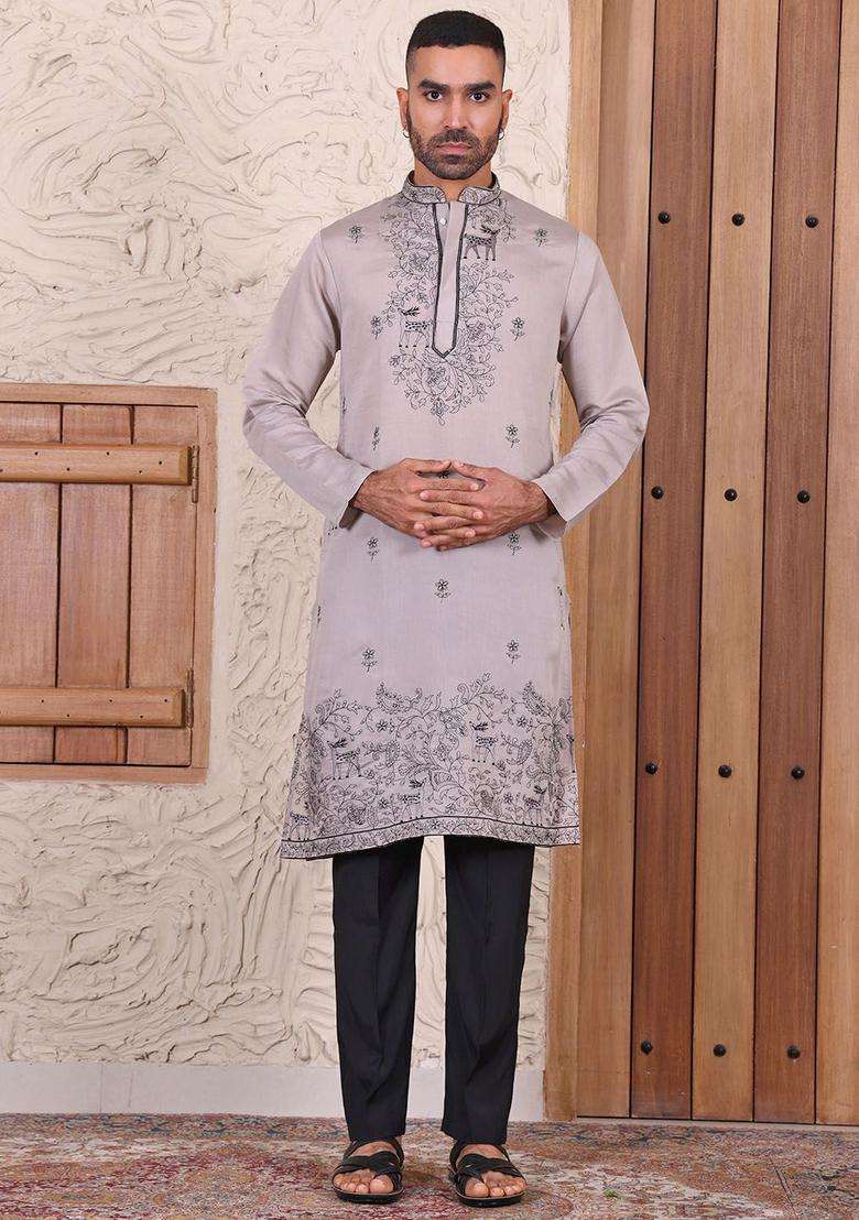 Brown Embroidered Viscose Kurta Set For Men - Indya