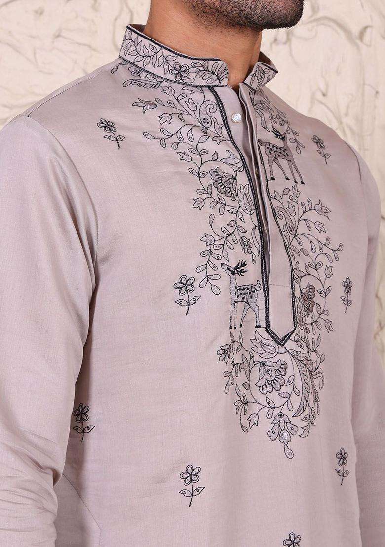 Brown Embroidered Viscose Kurta Set For Men - Indya
