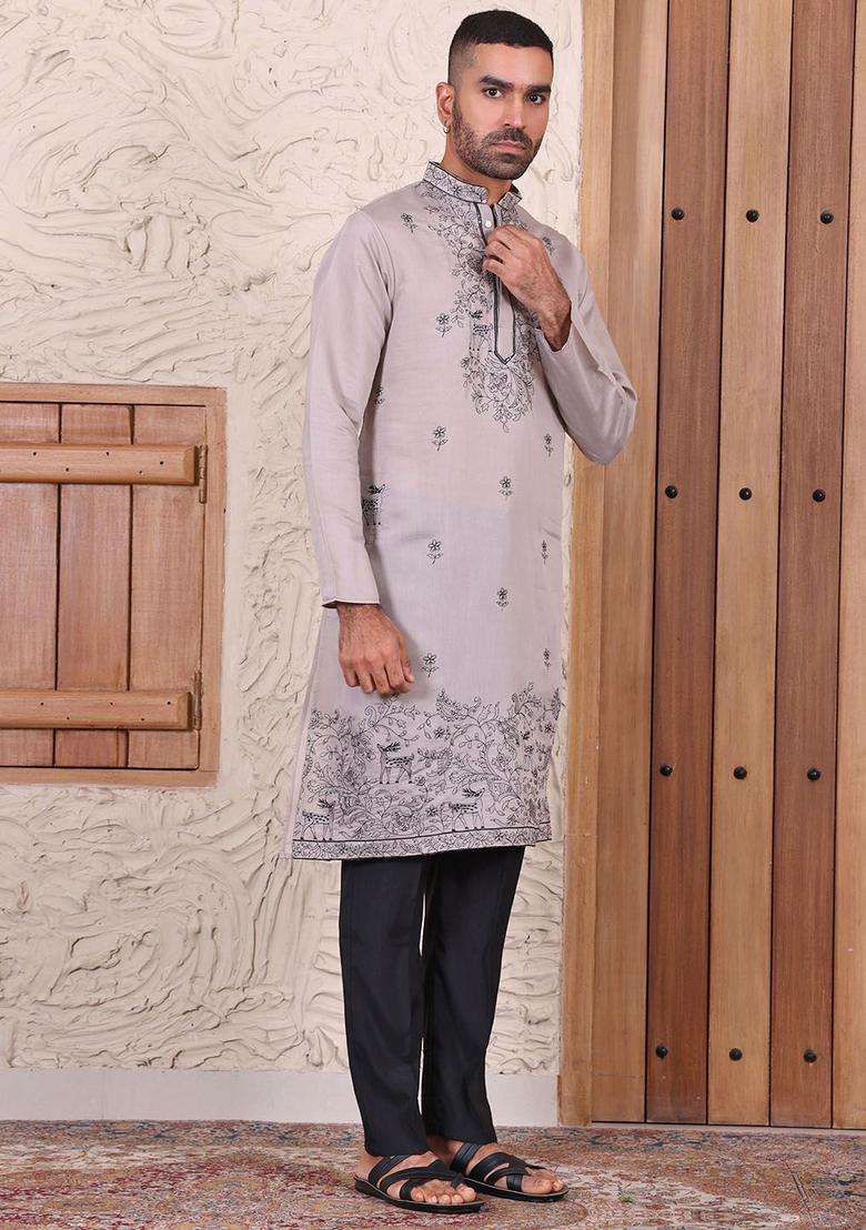 Brown Embroidered Viscose Kurta Set For Men - Indya
