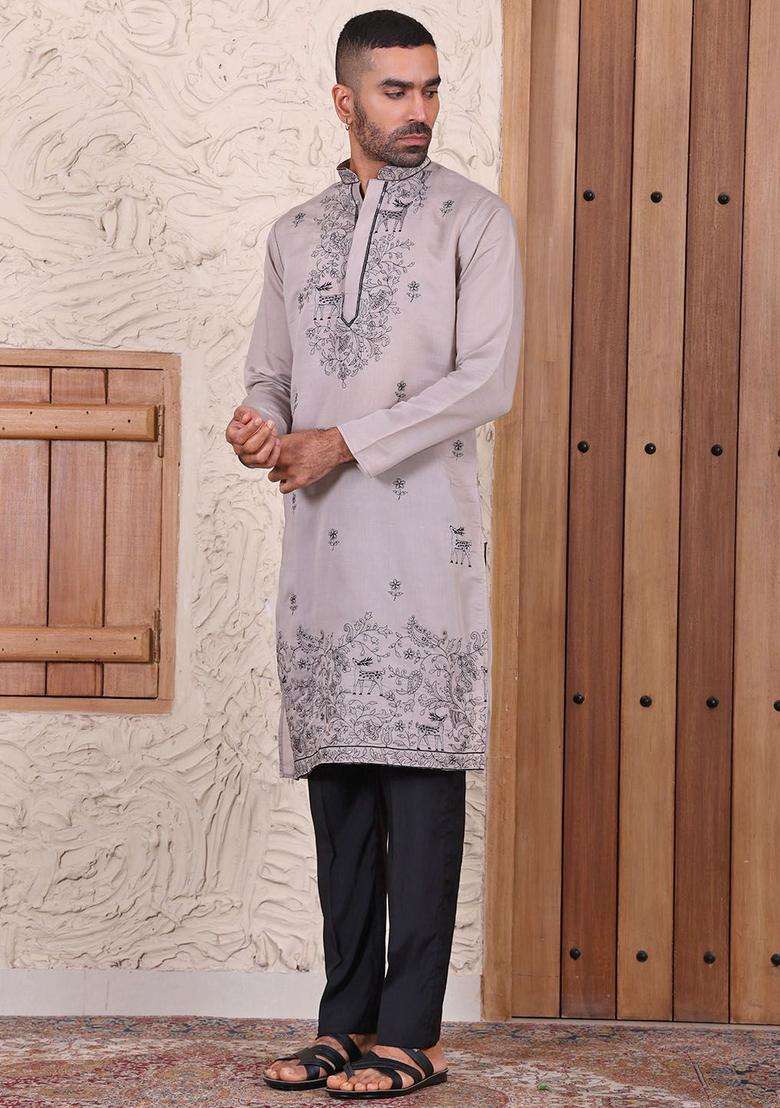 Brown Embroidered Viscose Kurta Set For Men - Indya