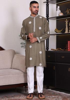 Green Embroidered Cotton Kurta Set For Men