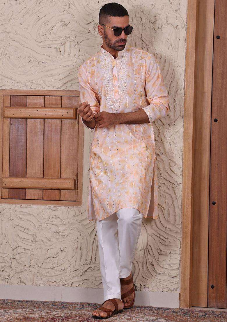 Yellow Embroidered Viscose Kurta Set For Men - Indya