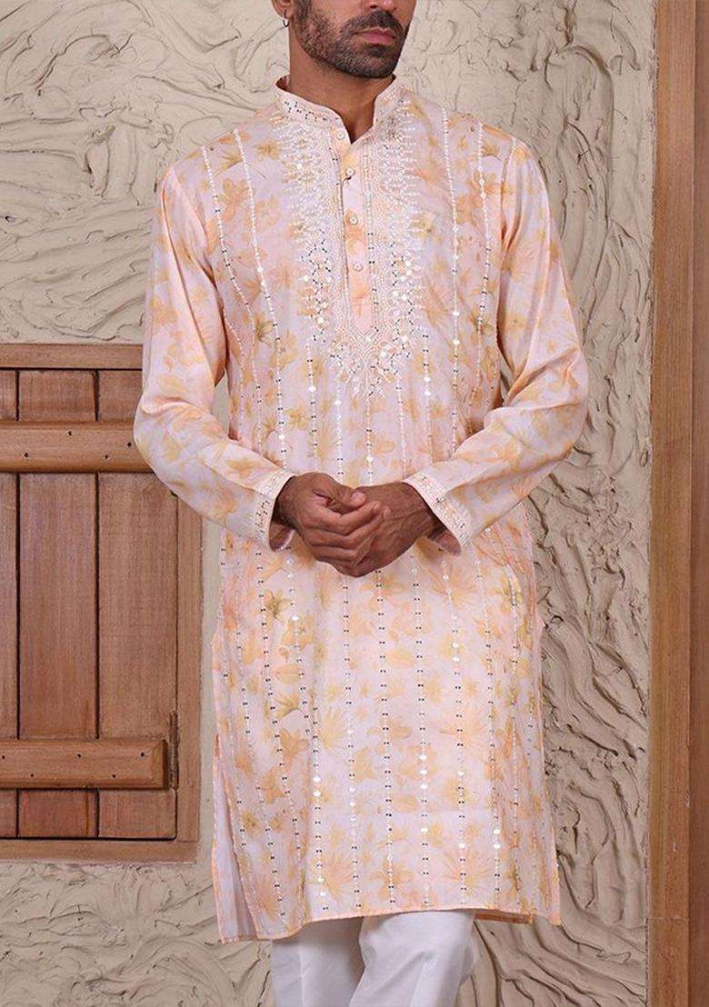Yellow Embroidered Viscose Kurta Set For Men - Indya