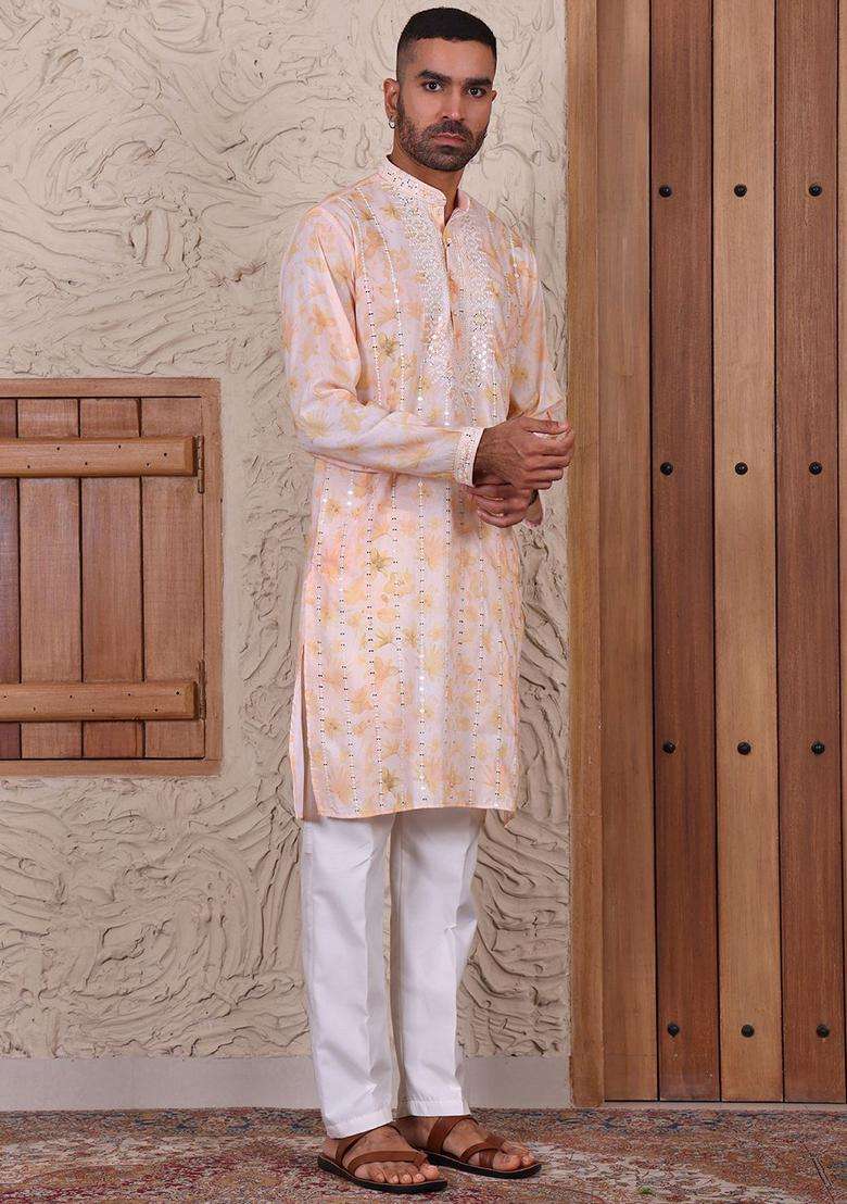 Yellow Embroidered Viscose Kurta Set For Men - Indya