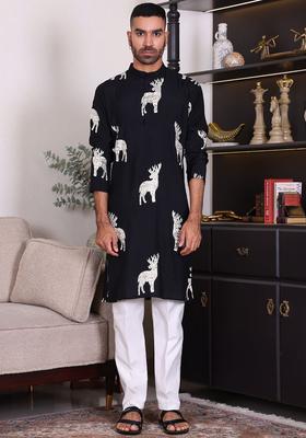 Black Embroidered Viscose Kurta Set For Men