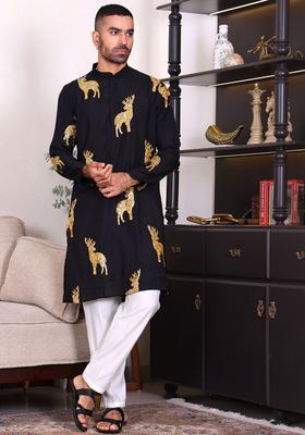 Black Embroidered Viscose Kurta Set For Men