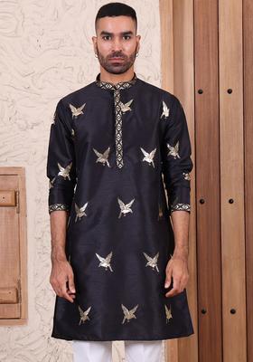 Black Embroidered Silk Kurta Set For Men