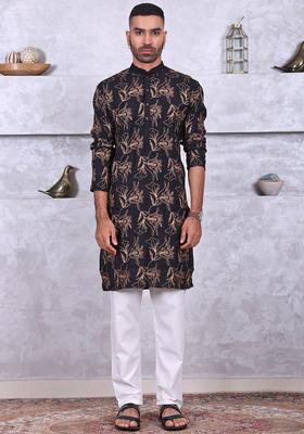 Black Embroidered Cotton Kurta Set For Men