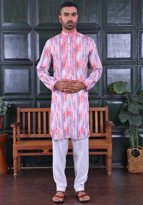 Pink Embroidered Viscose Kurta Set For Men