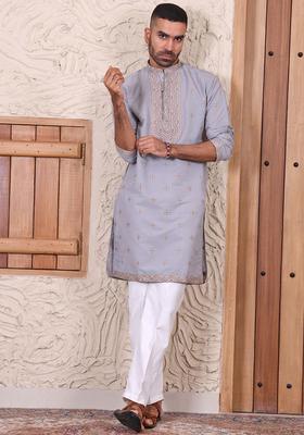 Grey Embroidered Silk Kurta Set For Men