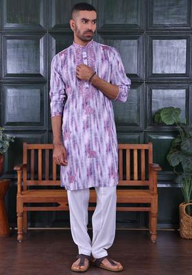 Mauve Printed Viscose Kurta Set For Men