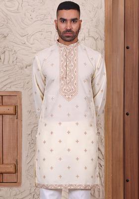 Cream Embroidered Silk Kurta Set For Men