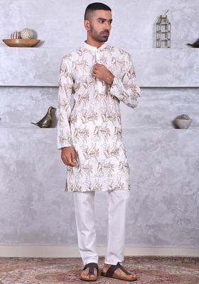 White Embroidered Cotton Kurta Set For Men