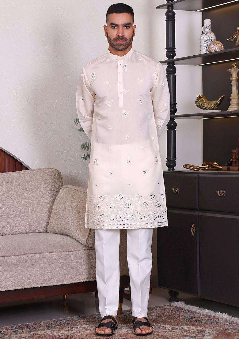 Cream Embroidered Viscose Kurta Set For Men - Indya