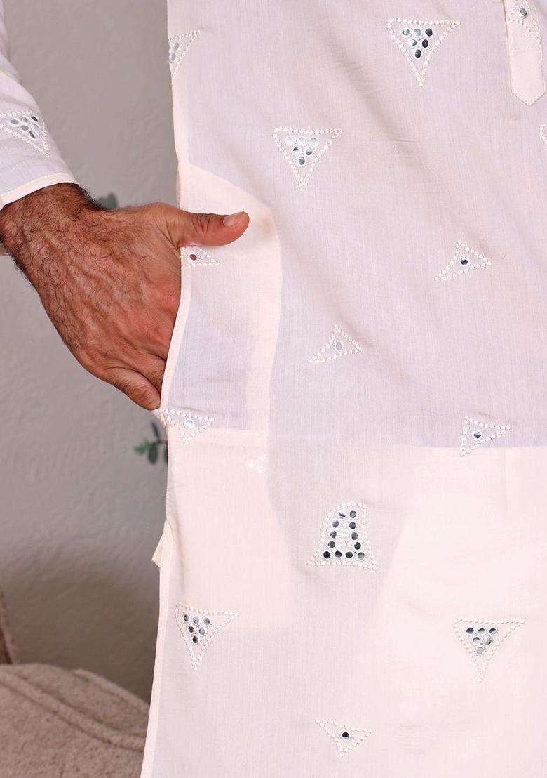 Cream Embroidered Viscose Kurta Set For Men - Indya
