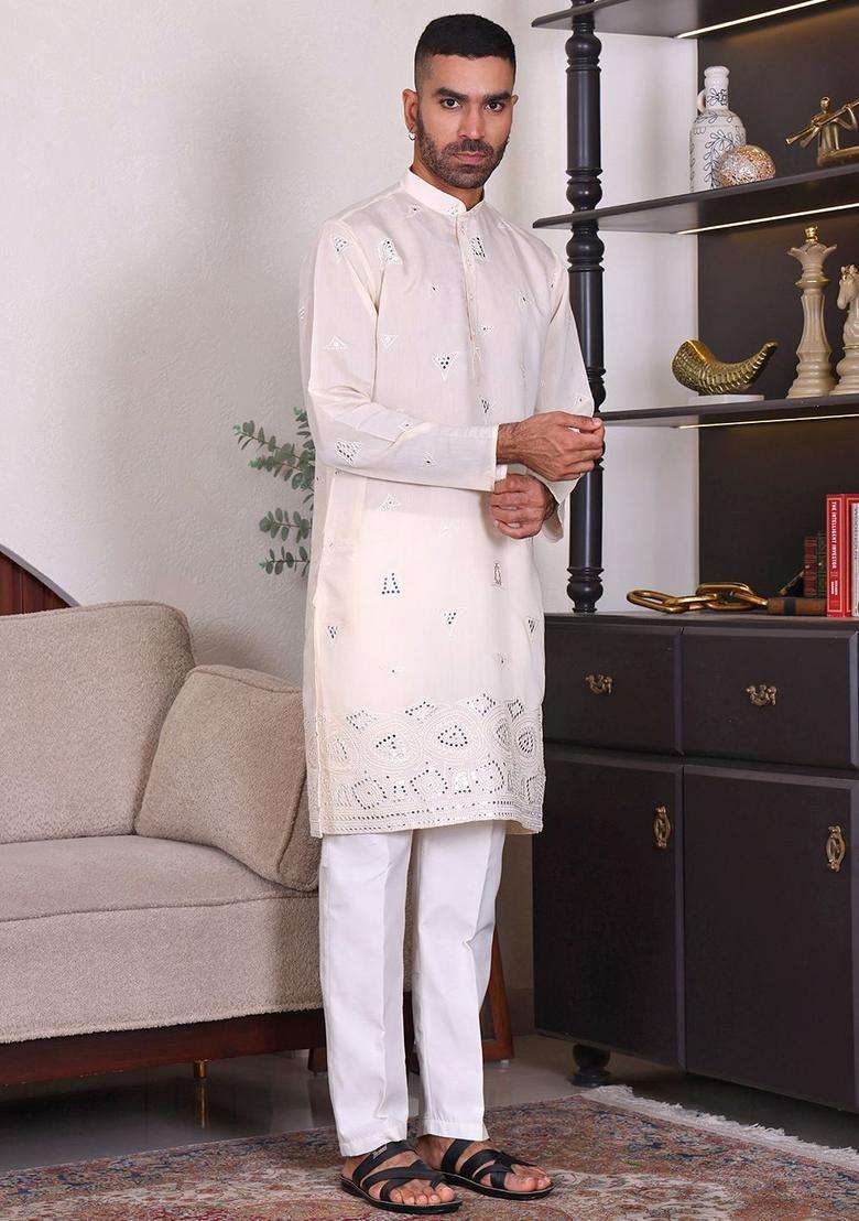 Cream Embroidered Viscose Kurta Set For Men - Indya