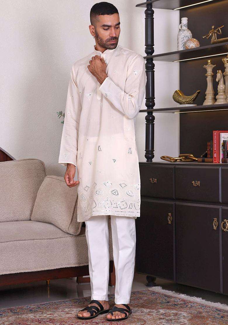 Cream Embroidered Viscose Kurta Set For Men - Indya