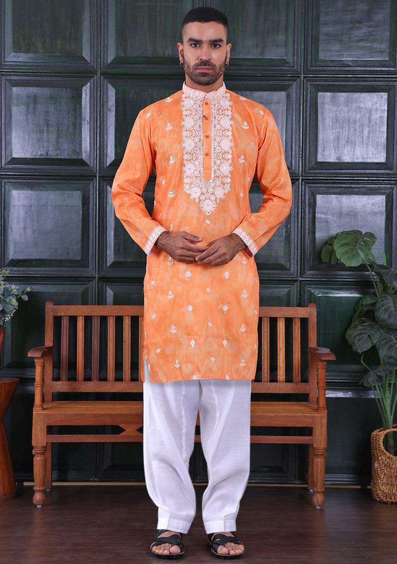 Orange Embroidered Viscose Kurta Set For Men - Indya