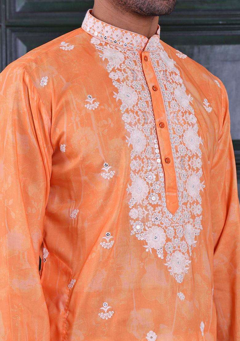 Orange Embroidered Viscose Kurta Set For Men - Indya
