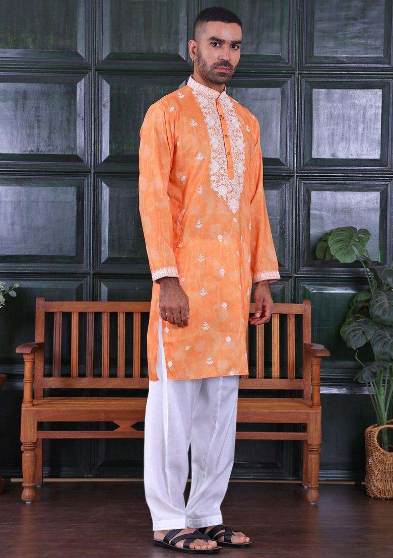 Orange Embroidered Viscose Kurta Set For Men - Indya