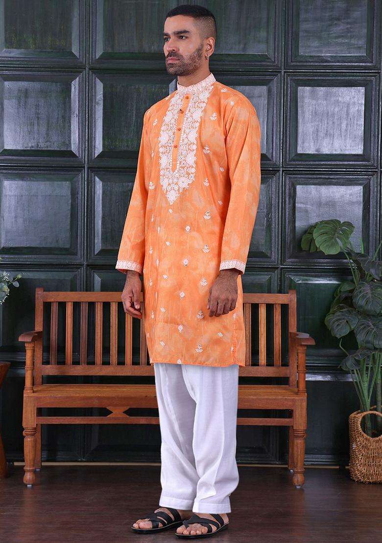 Orange Embroidered Viscose Kurta Set For Men - Indya