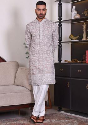 Grey Embroidered Cotton Kurta Set For Men