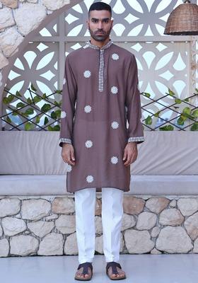 Brown Embroidered Cotton Kurta Set For Men