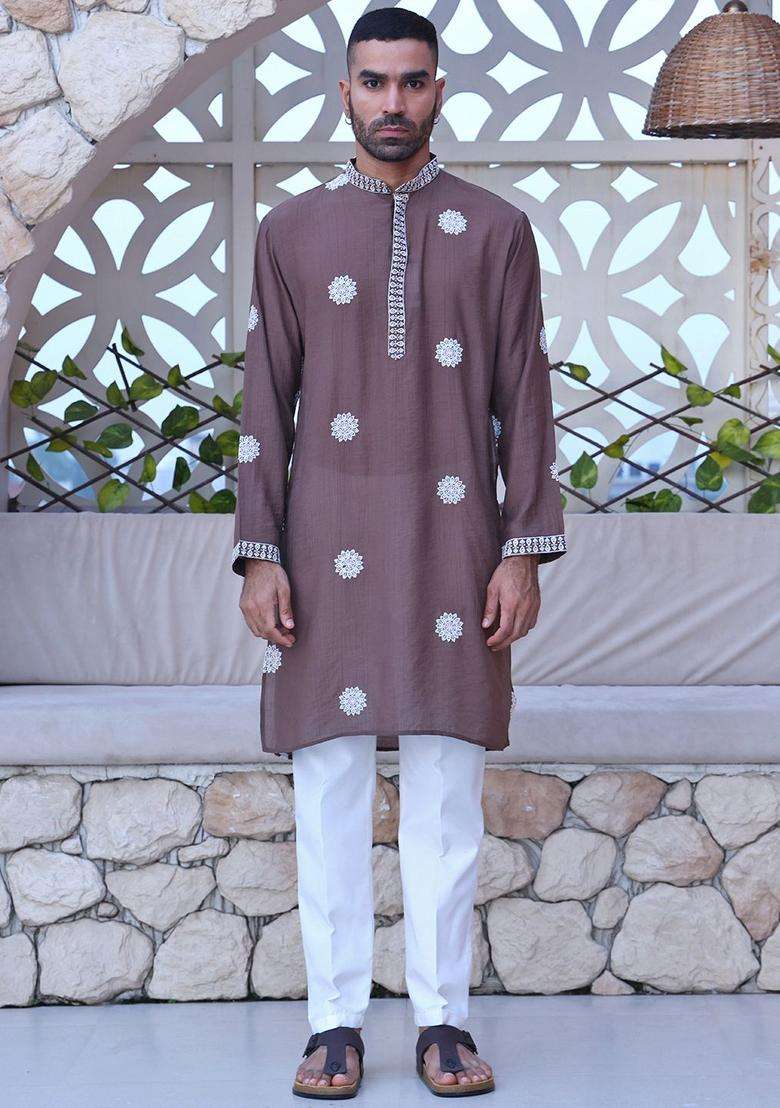 Brown Embroidered Cotton Kurta Set For Men - Indya