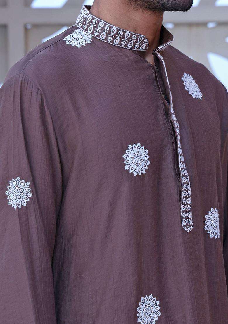 Brown Embroidered Cotton Kurta Set For Men - Indya