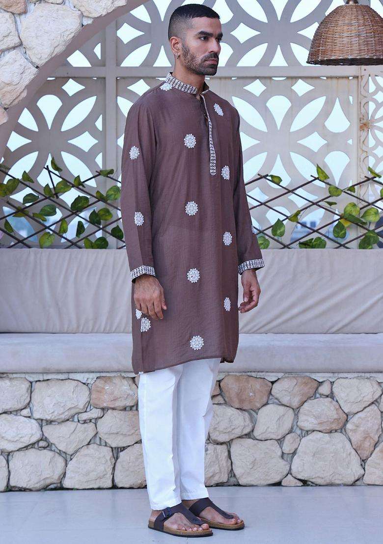 Brown Embroidered Cotton Kurta Set For Men - Indya