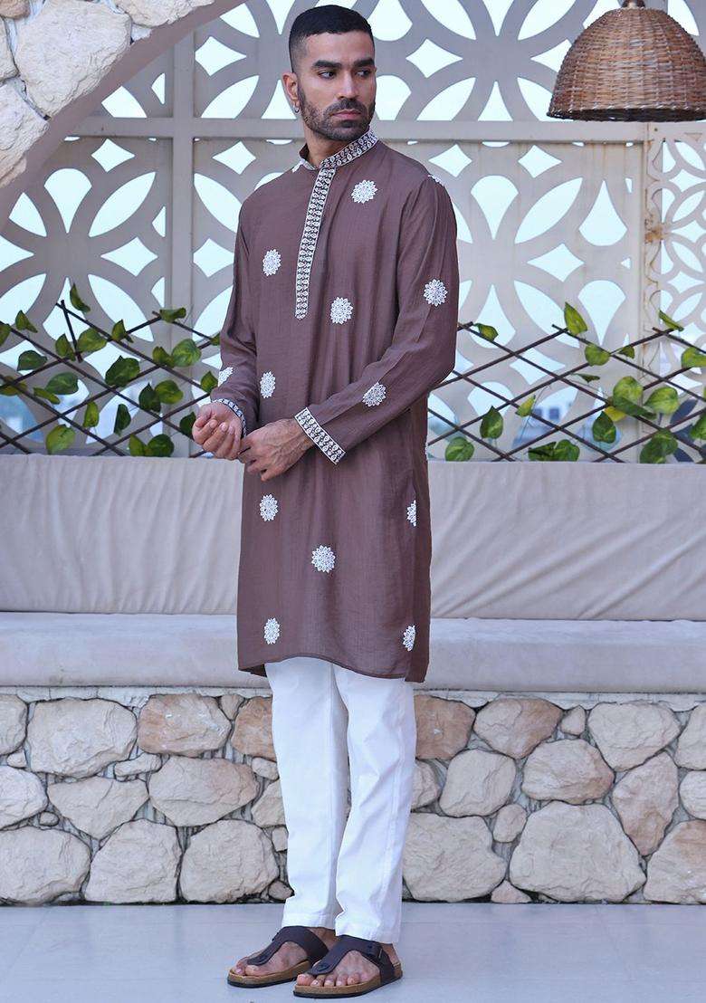 Brown Embroidered Cotton Kurta Set For Men - Indya