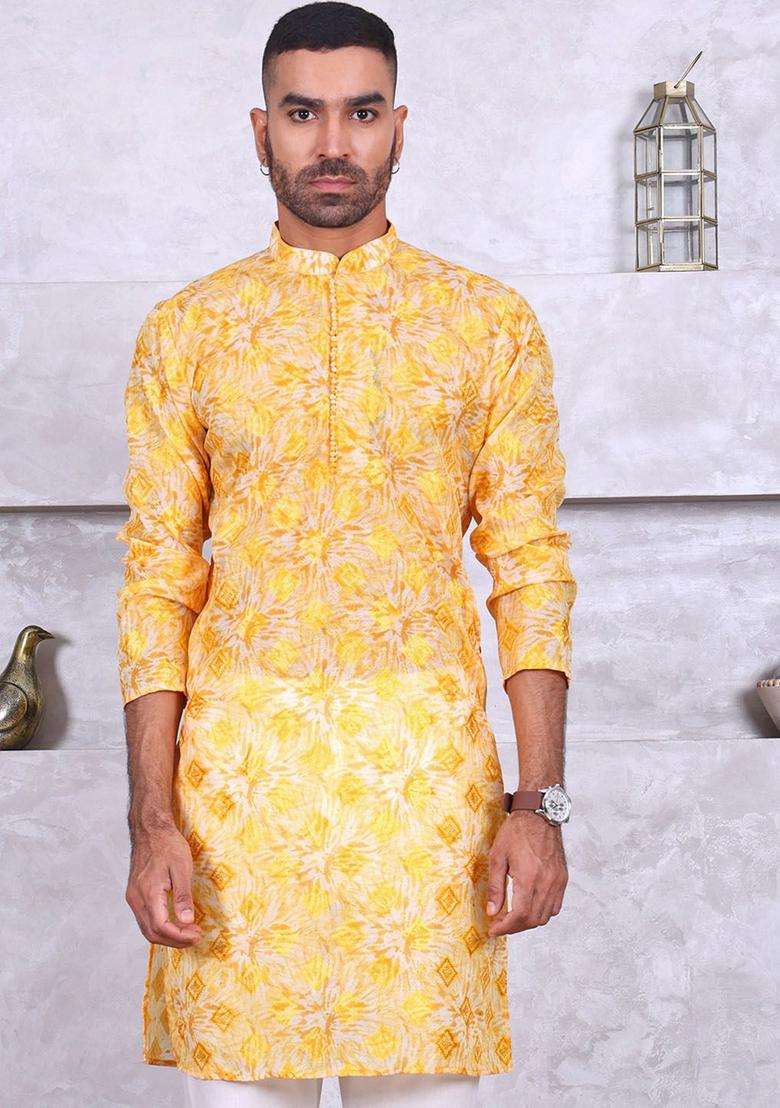 Yellow Printed Silk Kurta Set For Men - Indya