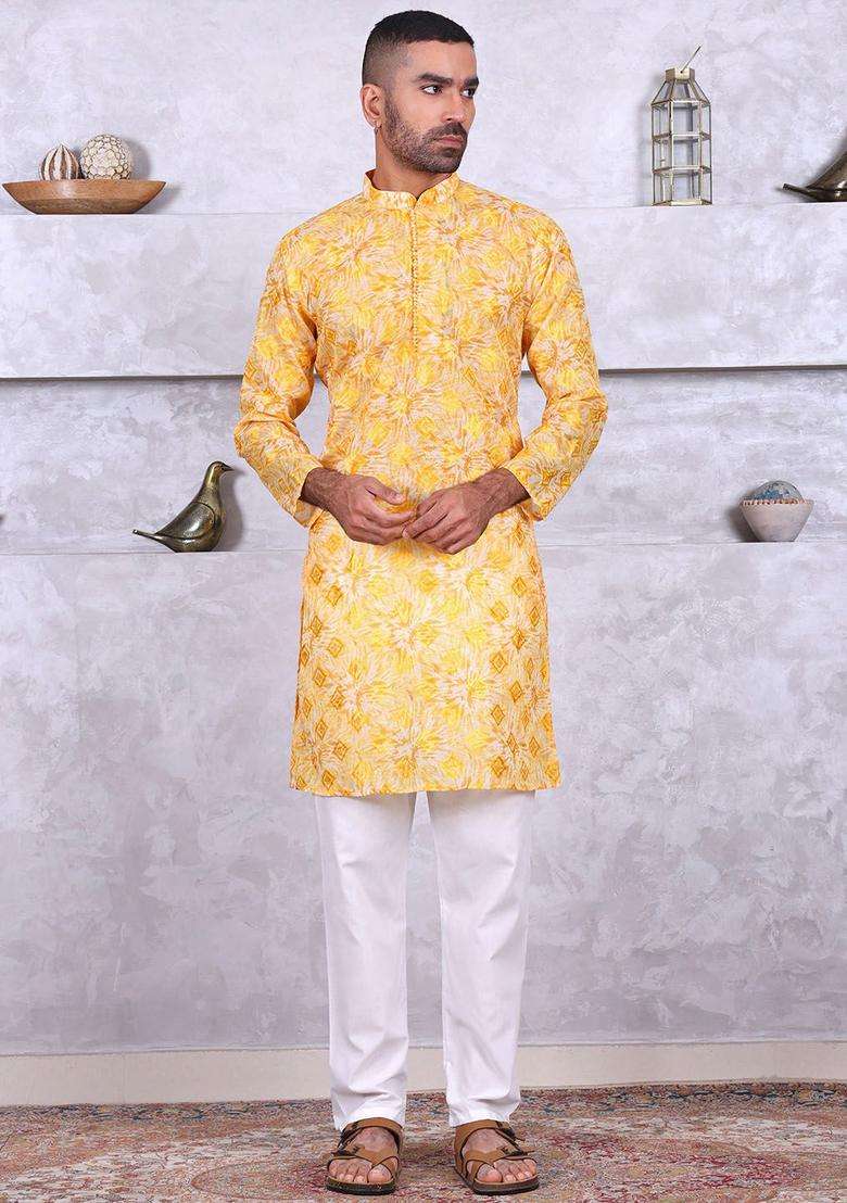 Yellow Printed Silk Kurta Set For Men - Indya
