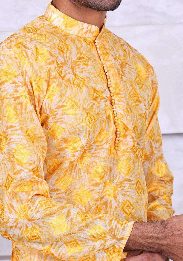 Yellow Printed Silk Kurta Set For Men - Indya