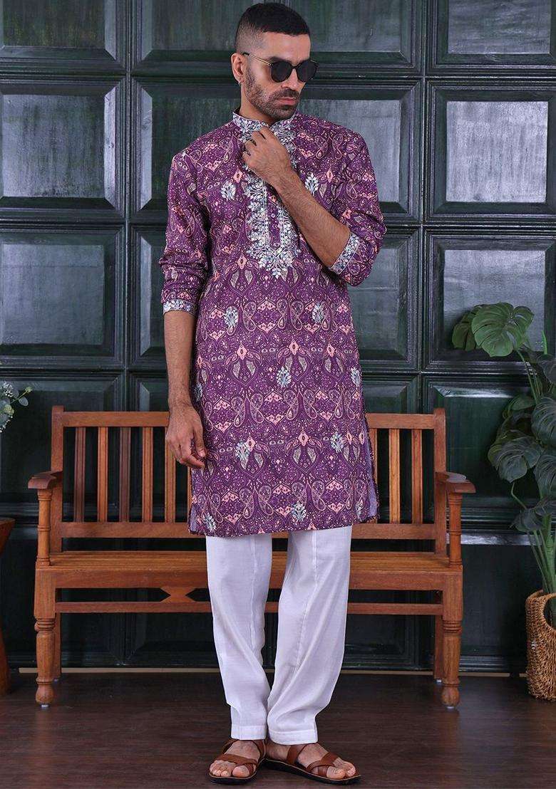 Mauve Embroidered Viscose Kurta Set For Men - Indya