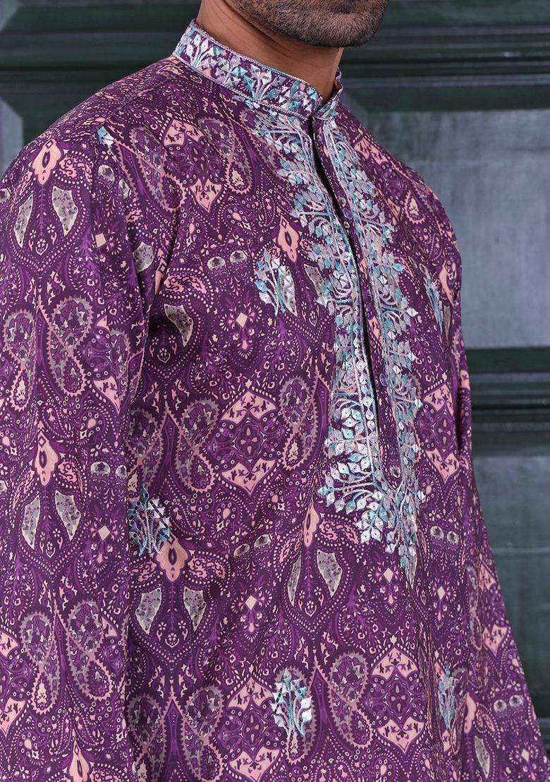 Mauve Embroidered Viscose Kurta Set For Men - Indya