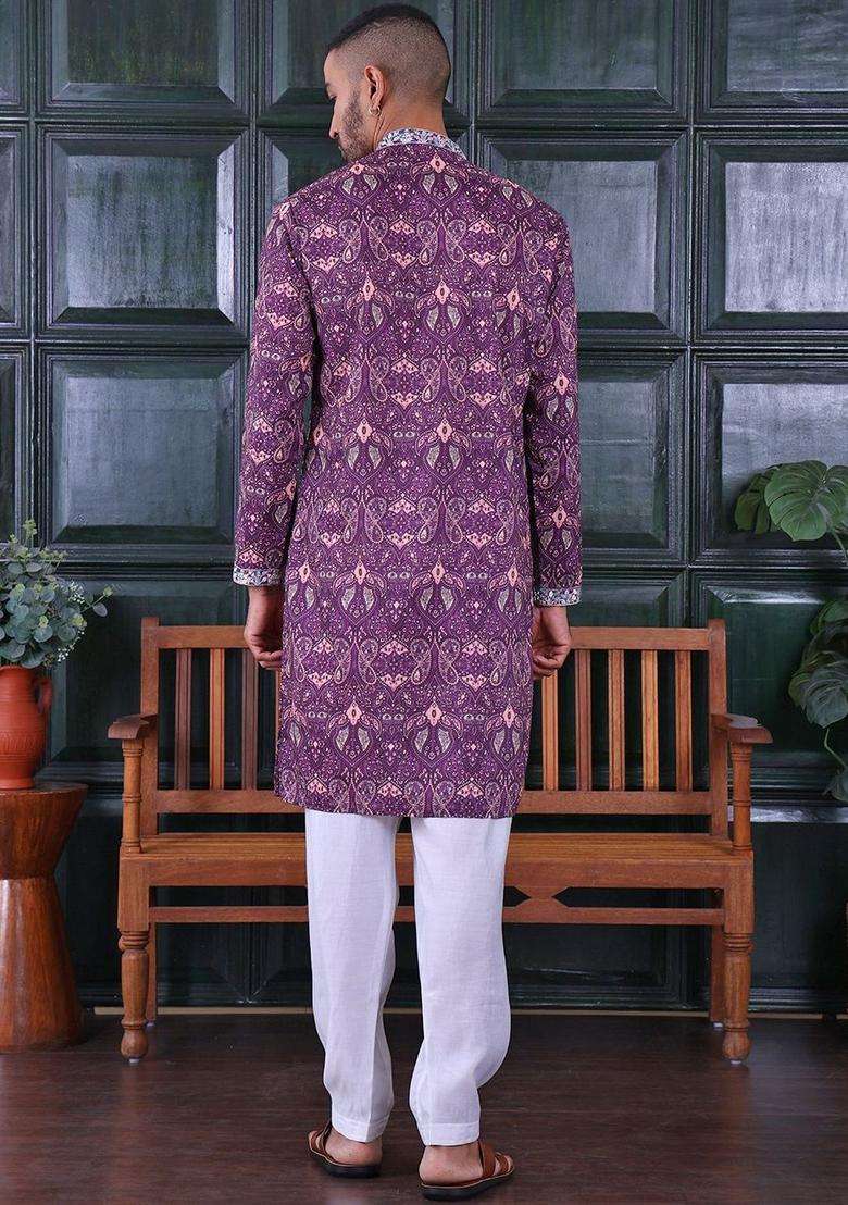 Mauve Embroidered Viscose Kurta Set For Men - Indya