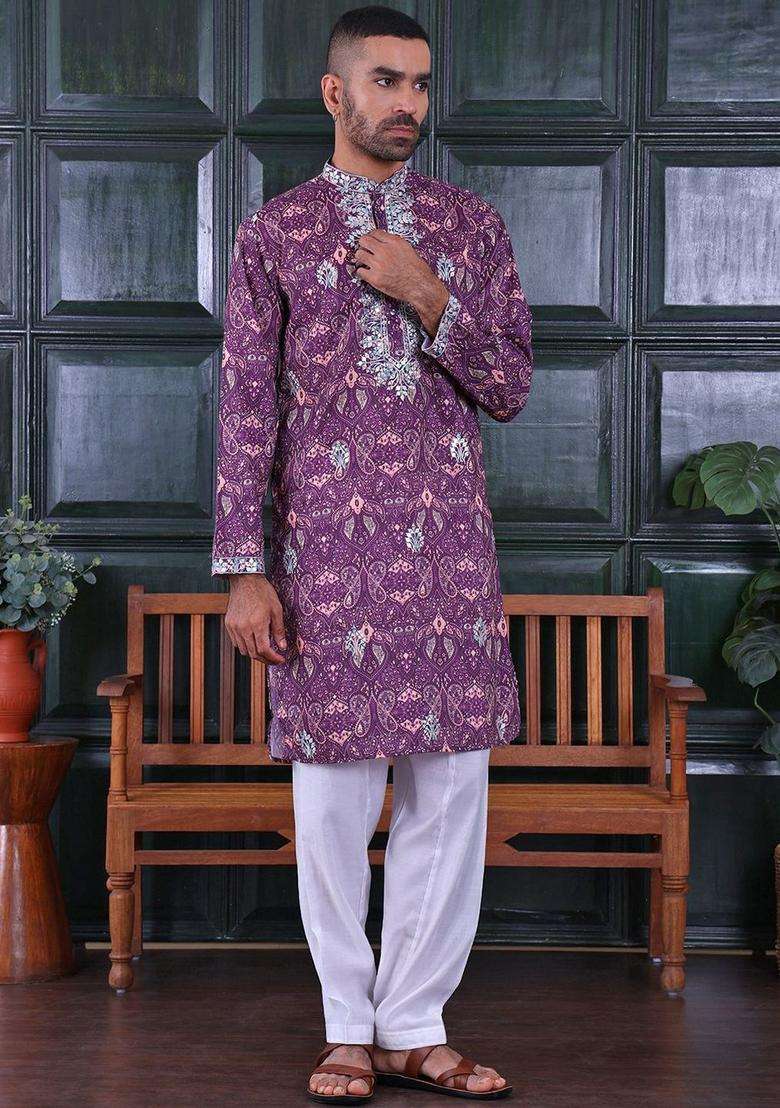 Mauve Embroidered Viscose Kurta Set For Men - Indya