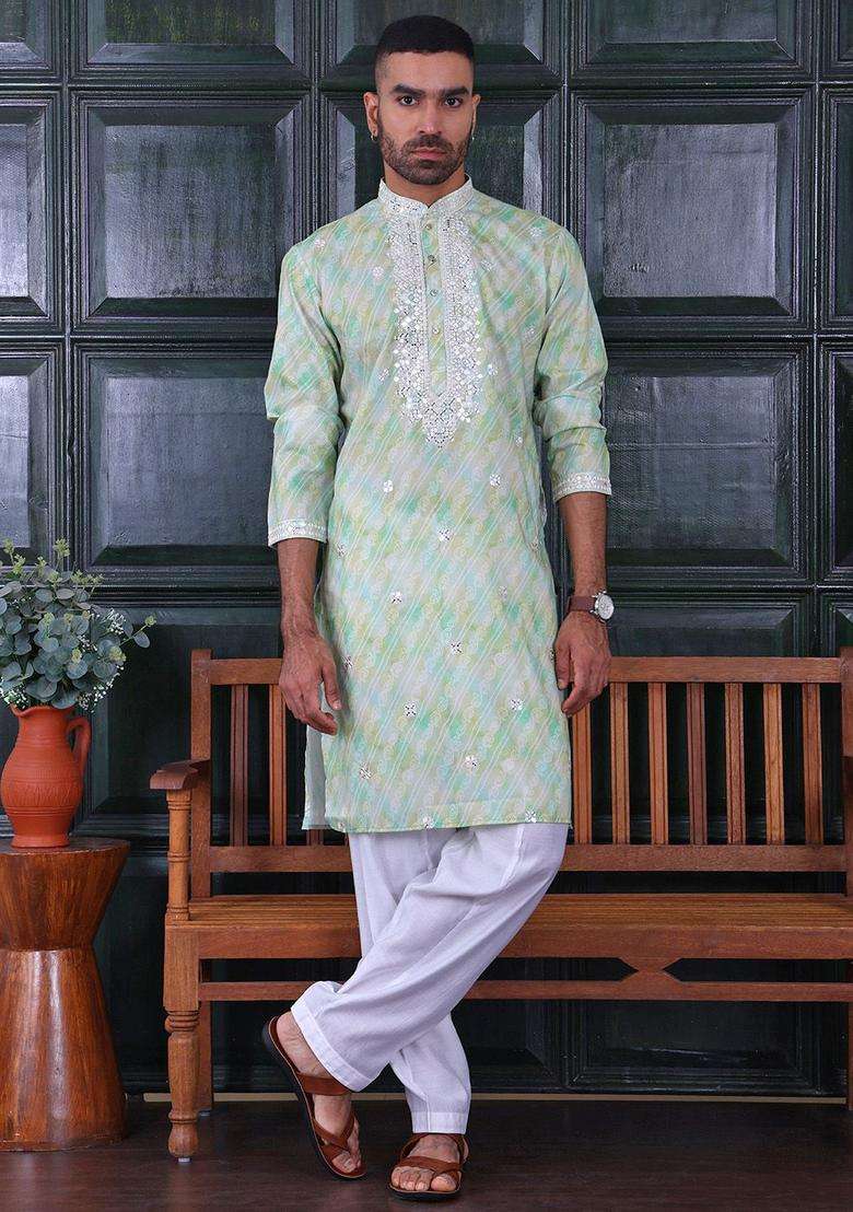 Green Embroidered Viscose Kurta Set For Men - Indya