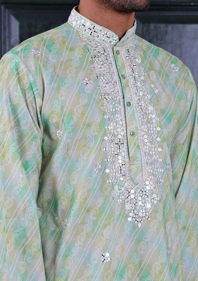Green Embroidered Viscose Kurta Set For Men - Indya