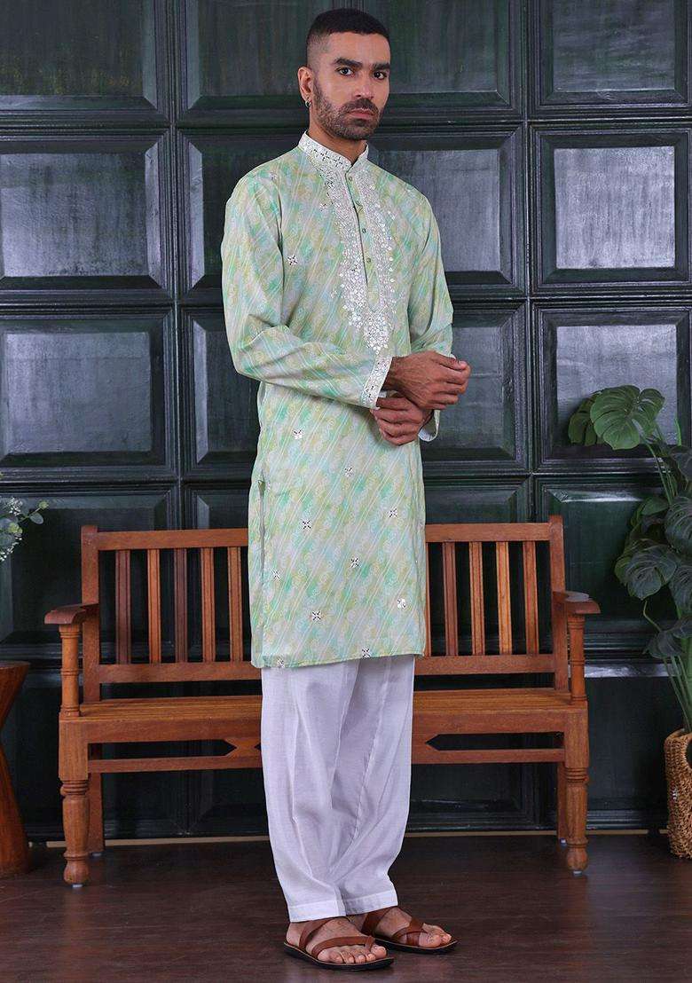 Green Embroidered Viscose Kurta Set For Men - Indya