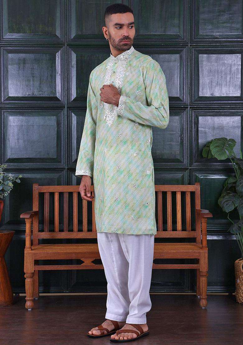 Green Embroidered Viscose Kurta Set For Men - Indya