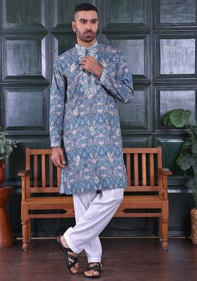 Green Embroidered Viscose Kurta Set For Men