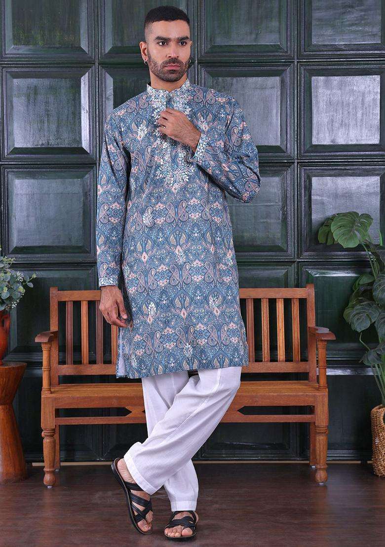 Green Embroidered Viscose Kurta Set For Men - Indya