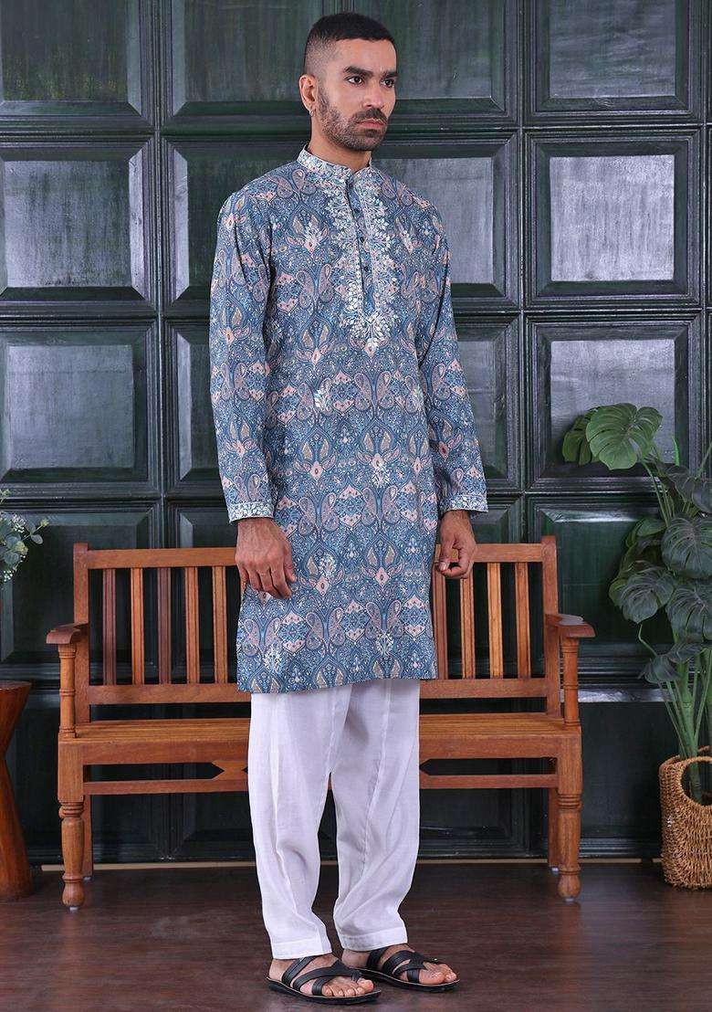 Green Embroidered Viscose Kurta Set For Men - Indya