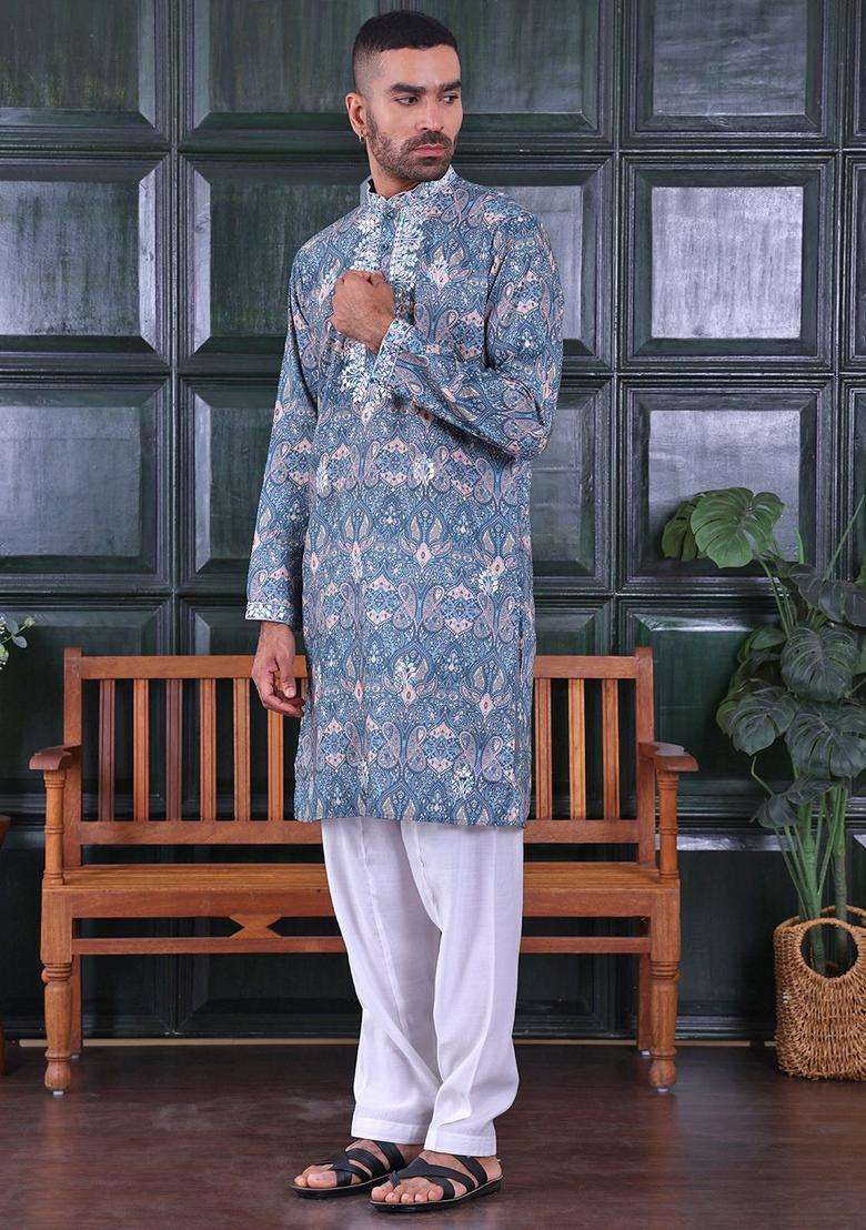 Green Embroidered Viscose Kurta Set For Men - Indya